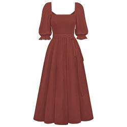 Sucor Halb Ärmel Casual Quadratischer Hals/V-Ausschnitt Sommer Kleider Puff Ärmel Elastische Taille A-Linie Lang Kleid mit Gürtel (L,Rot) von Sucor