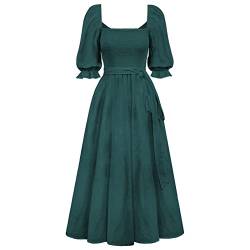 Sucor Halb Ärmel Casual Quadratischer Hals/V-Ausschnitt Sommer Kleider Puff Ärmel Elastische Taille A-Linie Lang Kleid mit Gürtel (XL,Smaragdgrün) von Sucor