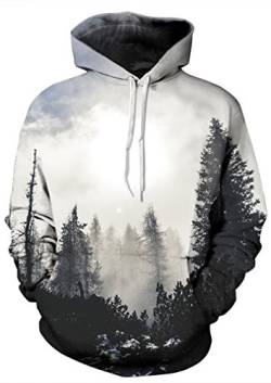 Sucor Herren Damen 3D Druck Hoodie Langarm Kapuzenpullover Mit Taschen Unisex Pullover Bunte Sweatshirt(L/XL,Nebelwald) von Sucor