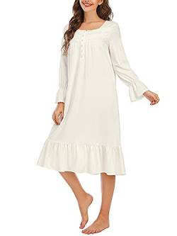 Damen Langarm Knopfleiste Stickerei Viktorianische Nachthemden Rüschen Niedlich Weiß Schlafkleid Nachthemd Pyjama Kleid, 1-weiß, XX-Large von Suelinvy