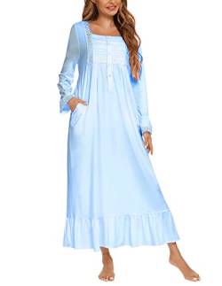 Damen Langarm Knopfleiste Stickerei Viktorianische Nachthemden Rüschen Niedlich Weiß Schlafkleid Nachthemd Pyjama Kleid, W-light blue, Small von Suelinvy