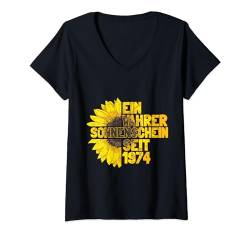 Damen 50. Geburtstag Ein Wahrer Sonnenschein Seit 1974 Sonnenblume T-Shirt mit V-Ausschnitt von Süße Jahrgang Geburtstag Mädchen Frauen Geschenke