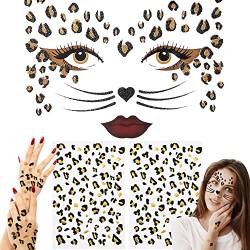 Sugeru® 3pcs Leopard Face Art & Tattoo Sticker - Leoparden kostüm damen zubehör, Temporäres Glitter Gesichtstattoo,katzenkostüm damen,Leoparden gesichtstattoo karneval für Party, Halloween,Karneval von Sugeru