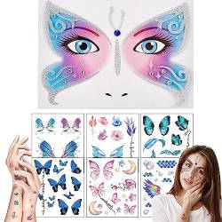 Sugeru® 7pcs Schmetterling Face Art & Tattoo Sticker - Butterfly,ablösbare Gesicht Aufkleber, Temporäre Tattoos, Glitzer Face Paint für Fasching, Karneval, Halloween, Kinder und Erwachsene, bunt von Sugeru