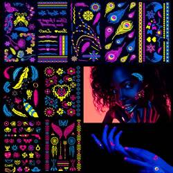 Sugeru® 9 groß Blätter Neon gesichtstattoo(157 Muster),glitzer neon party outfit,farbe tattoo gesicht,schwarzlicht schminke,UV Body & Face Painting Tätowierung Aufklebe - Natürliche Sojatinte von Sugeru