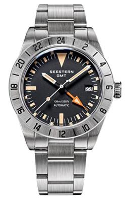 Seestern GMT Vintage Explorer, NH34, gewölbter Saphir, Lumen, 100 m, Mikro-Verstellverschluss, Schwarz , Armband von Sugess