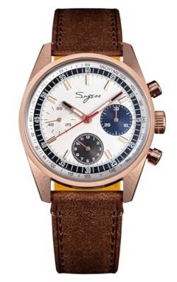 Sugess Seagull ST1902 Panda Chronograph, 38 mm, goldfarben, gewölbter Saphir, 1963 Leder, weiß von Sugess