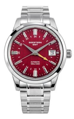 Sugess Seestern GMT, NH34, Rot, gewölbtes Saphirglas, Ausstellungsgehäuse, Armband und Leder, rot von Sugess