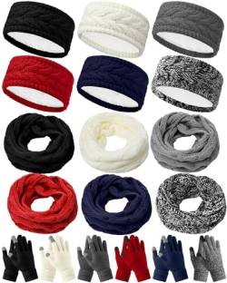 Suhine 18-teiliges Stirnband-Handschuh-Schal-Set für Damen für kaltes Wetter, enthält 6 gehäkelte Turban-Stirnbänder, Ohrenwärmer, Stirnbänder, 6 Paar Winter-Touchscreen-Handschuhe, 6 Kreisschlaufen, von Suhine