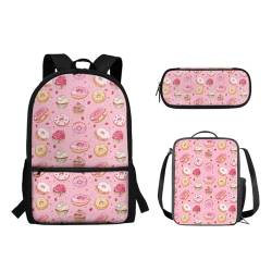 Suhoaziia 3-teiliges Kinder-Schulrucksack-Set mit isolierter Lunchtasche, Federmäppchen, Grundschule, Mittelhochschüler, Rucksack, Büchertasche, Erdbeer-Donuts, Tagesrucksäcke von Suhoaziia