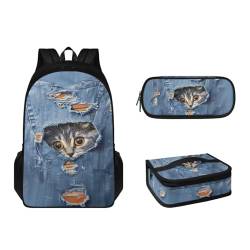 Suhoaziia 3-teiliges Rucksack-Set für Grundschule, Mittelschule, Büchertaschen mit Lunchbox, Federmäppchen, leicht, Mädchen, Jungen, Teenager, Schultasche, Denim Cowboy Cat, Tagesrucksack von Suhoaziia