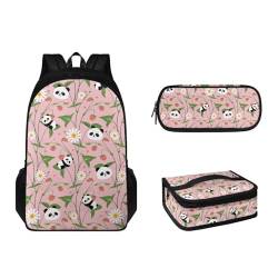 Suhoaziia 3-teiliges Rucksack-Set für Grundschule, Mittelschule, Büchertaschen mit Lunchbox, Federmäppchen, leicht, Mädchen, Jungen, Teenager, Schultasche, Erdbeer-Panda, Tagesrucksack von Suhoaziia