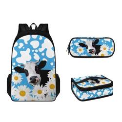 Suhoaziia 3-teiliges Rucksack-Set für Grundschule, Mittelschule, Büchertaschen mit Lunchbox, Federmäppchen, leicht, Mädchen, Jungen, Teenager, Schultasche, Kuh-Gänseblümchen-Aufdruck, Tagesrucksack von Suhoaziia