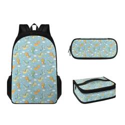 Suhoaziia 3-teiliges Rucksack-Set mit Lunchbox und Federmäppchen, für Grundschulen, Studenten, Büchertasche, leichte Laptoptasche für Mädchen, Jungen, Kinder, Teenager, Dinosaurier-Wolken, von Suhoaziia