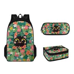 Suhoaziia 3-teiliges Rucksack-Set mit Lunchbox und Federmäppchen, für Grundschulen, Studenten, Büchertasche, leichte Laptoptasche für Mädchen, Jungen, Kinder, Teenager, Katzenblume, Tagesrucksäcke von Suhoaziia