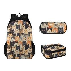 Suhoaziia 3-teiliges Rucksack-Set mit Lunchbox und Federmäppchen für Jungen, Mädchen, Teenager, leicht, Grundschulrucksack für 6–16 Jahre, Cartoon Katzen, Tagesrucksäcke von Suhoaziia