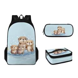 Suhoaziia 3-teiliges Rucksack-Set mit Lunchbox und Federmäppchen für Jungen, Mädchen, Teenager, leicht, Grundschulrucksack für 6–16 Jahre, Cartoon-Otter, Tagesrucksäcke von Suhoaziia