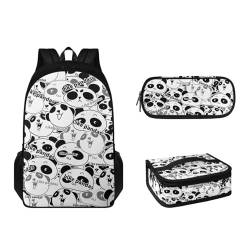 Suhoaziia 3-teiliges Rucksack-Set mit Lunchbox und Federmäppchen für Jungen, Mädchen, Teenager, leicht, Grundschulrucksack für 6–16 Jahre, Cartoon-Pandas, Tagesrucksäcke von Suhoaziia