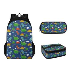 Suhoaziia 3-teiliges Rucksack-Set mit Lunchbox und Federmäppchen für Jungen, Mädchen, Teenager, leicht, Grundschulrucksack für 6–16 Jahre, Dinosaurier-Baum, Tagesrucksäcke von Suhoaziia