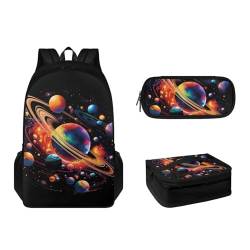 Suhoaziia 3-teiliges Rucksack-Set mit Lunchbox und Federmäppchen für Jungen, Mädchen, Teenager, leicht, Grundschulrucksack für 6–16 Jahre, Galaxy Planet, Tagesrucksäcke von Suhoaziia