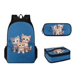 Suhoaziia 3-teiliges Rucksack-Set mit Lunchbox und Federmäppchen für Jungen, Mädchen, Teenager, leicht, Grundschulrucksack für 6–16 Jahre, Katzen blau, Tagesrucksäcke von Suhoaziia