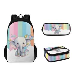 Suhoaziia 3-teiliges Rucksack-Set mit Lunchbox und Federmäppchen für Jungen, Mädchen, Teenager, leicht, Grundschulrucksack für 6–16 Jahre, Regenbogen-Elefant, Tagesrucksack von Suhoaziia