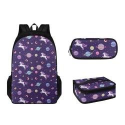 Suhoaziia 3-teiliges Rucksack-Set mit Lunchbox und Federmäppchen für Jungen, Mädchen, Teenager, leicht, Grundschulrucksack für 6–16 Jahre, Regenbogen-Pferd-Galaxie, Tagesrucksäcke von Suhoaziia