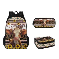 Suhoaziia 3-teiliges Rucksack-Set mit Lunchbox und Federmäppchen für Jungen, Mädchen, Teenager, leicht, Grundschulrucksack für 6–16 Jahre, Sonnenblumenbraune Kuh, Tagesrucksäcke von Suhoaziia