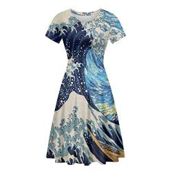 Suhoaziia Damen Sommer Casual Hohe Taille Kleid Kurzarm Weich O-Ausschnitt Knielang Kleid für Arbeit, Van Gogh, X-Large von Suhoaziia