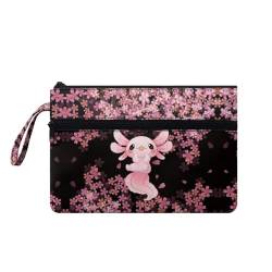 Suhoaziia Reise-Make-up-Tasche mit Vordertasche, Clutch, einfach zu transportieren, Münzkarten-Geldbörse, Cherry Blossom Axolotl, Small von Suhoaziia