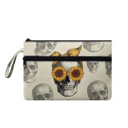 Suhoaziia Reise-Make-up-Tasche mit Vordertasche, Clutch, einfach zu transportieren, Münzkarten-Geldbörse, Totenkopf-Sonnenblume, S von Suhoaziia