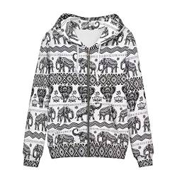 Suhoaziia Reißverschluss Sweatshirt mit Tasche Casual Kordelzug Hoodies für Frauen Langarm Pullover Tops Größe XS-5XL, Bohemian Tribal Elefant, 48 von Suhoaziia