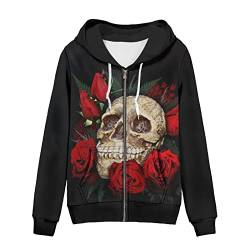 Suhoaziia Reißverschluss Sweatshirt mit Tasche Casual Kordelzug Hoodies für Frauen Langarm Pullover Tops Größe XS-5XL, Totenkopf-Rosen, 52 von Suhoaziia