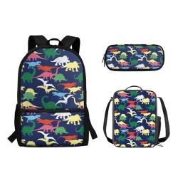 Suhoaziia Schulranzen-Rucksack, 3-teiliges Set, mit Lunchtasche und Federmäppchen, für Jungen und Mädchen, Kinder, Laptoptasche, Grundschule, Mittelschule, Tagesrucksack, 3-in-1, Bunte Dinosaurier, von Suhoaziia