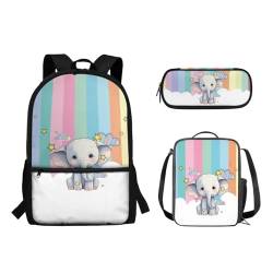 Suhoaziia Schulranzen-Rucksack, 3-teiliges Set, mit Lunchtasche und Federmäppchen, für Jungen und Mädchen, Kinder, Laptoptasche, Grundschule, Mittelschule, Tagesrucksack, 3-in-1, Elefant, Regenbogen, von Suhoaziia