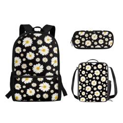 Suhoaziia Schulranzen-Rucksack, 3-teiliges Set, mit Lunchtasche und Federmäppchen, für Jungen und Mädchen, Kinder, Laptoptasche, Grundschule, Mittelschule, Tagesrucksack, 3-in-1, Gänseblümchen, von Suhoaziia