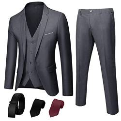 Suit King 3-teiliger Herrenanzug, Slim Fit, stilvolle Jacke, Hose, Weste, 2 Krawatten und Gürtel, perfekt für Hochzeiten, Business und mehr, Grau, L von Suit King