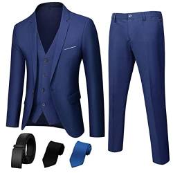 Suit King 3-teiliger Herrenanzug, Slim Fit, stilvolle Jacke, Hose, Weste, 2 Krawatten und Gürtel, perfekt für Hochzeiten, Business und mehr, Marineblau, L von Suit King