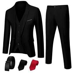 Suit King 3-teiliger Herrenanzug, Slim Fit, stilvolle Jacke, Hose, Weste, 2 Krawatten und Gürtel, perfekt für Hochzeiten, Business und mehr, Schwarz, L von Suit King
