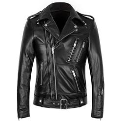 Suiting Style Motorradjacke für Herren, schwarz, mit mehreren Reißverschlüssen, Vintage-Motorrad-Lederjacke für Herren, mit Taillengürtel, Leder, M von Suiting Style