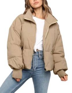 Sukany Damen Winter Casual Gepolstert Full Zip Stehkragen Langarm Puffer Jacken Mantel Kurz Down Warm Steppjacke, khaki, 42 von Sukany