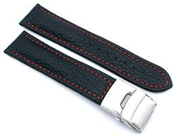 Sulla 20mm Uhrenband Genuine Leder Armband mit Faltschließe aus Edelstahl Schwarz Rote Naht von Sulla