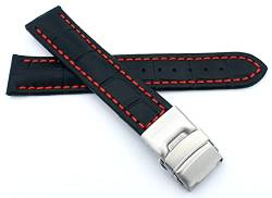 Sulla 22mm Alligator Prägung Genuine Leder Armband mit Faltschließe aus Edelstahl schwarz mit roter Naht von Sulla