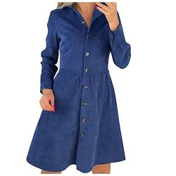 SumLeiter Damen Cordkleider Kleider Swing Langarm Hemdkleid Einreiher Blusenkleid Longshirt Herbst Leinen Tunikakleider Shirtkleid Winterkleid Lang A-Linien Kleid, L, Blau von SumLeiter