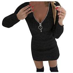 SumLeiter Damen strickkleid sexy Reißverschluss V-Ausschnitt pulloverkleider winter pullikleid elegant Wickelkleider Figurbetont Bleistiftkleid taillenformer sweatkleid mode Sweater Kleid von SumLeiter