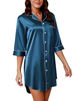 Sumeyuyu Nachthemd Damen Nachtkleid Satin V-Ausschnitt Sexy Nachtwäsche Sleepwear mit Knöpfen von Sumeyuyu