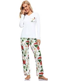 Sumeyuyu Schlafanzug Damen Lang Pyjama Set Hausanzug Baumwolle Komfortabel Blumendruck Langarm-Top und Lang Schlafhose von Sumeyuyu