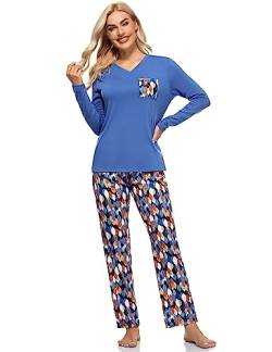 Sumeyuyu Schlafanzug Damen Lang Pyjama Set Hausanzug Baumwolle Komfortabel Blumendruck Langarm-Top und Lang Schlafhose von Sumeyuyu