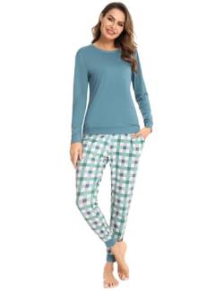 Sumeyuyu Schlafanzug Damen Lang Winter Pyjama Set Baumwolle Langarm Nachtwäsche Karierte Pyjamahose Hausanzug Zweiteiliger Nachtwäsche von Sumeyuyu