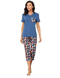 Sumeyuyu Schlafanzug Damen Pyjama Set Hausanzug Baumwolle Komfortabel Blumendruck Kurzarm-Top und 3/4 Lang Schlafhose von Sumeyuyu